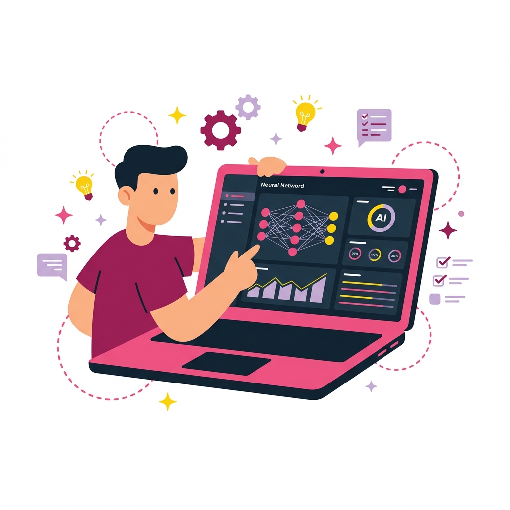 Semi-flat illustration of a person interacting with an AI neural network dashboard